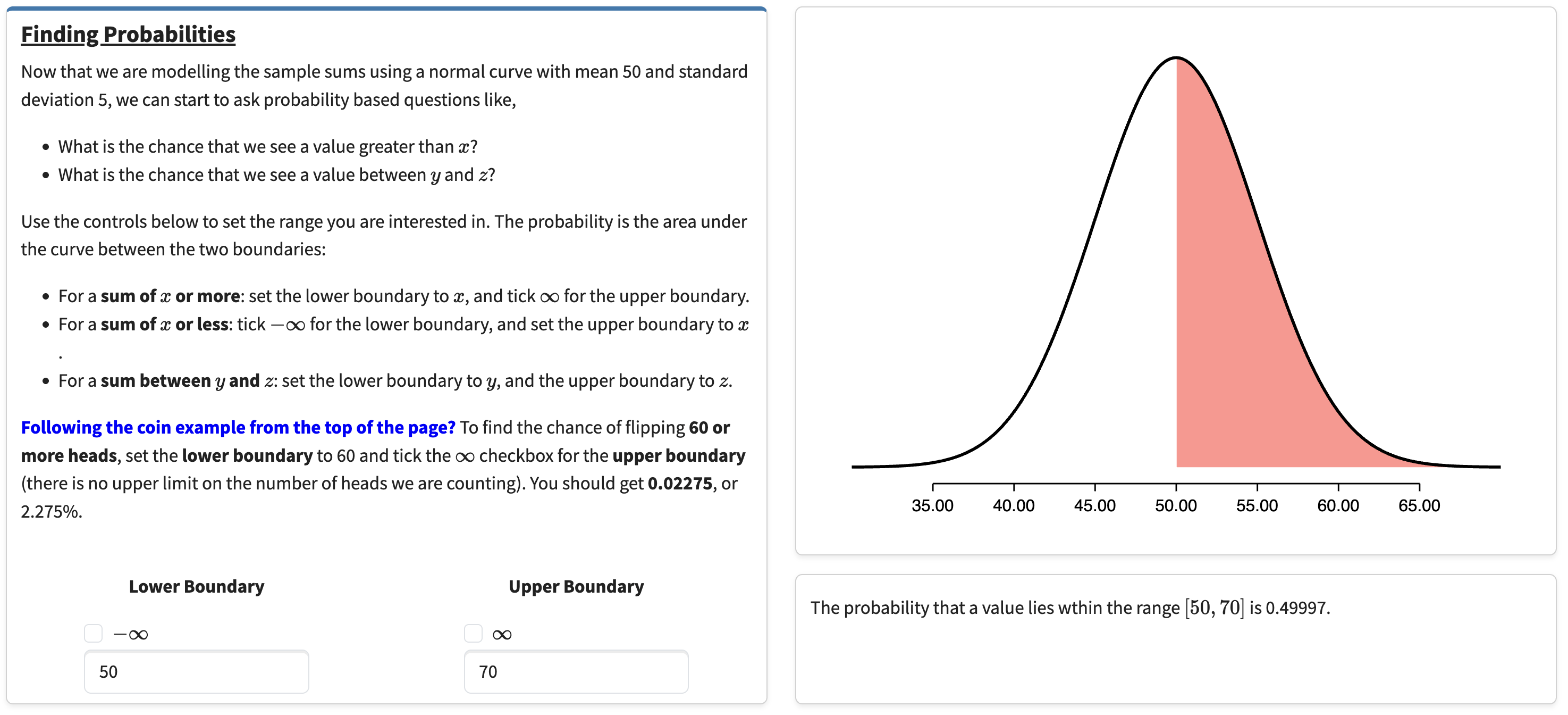 The Finding Probabilities section with the lower boundary set to 50 and the upper boundary set to 70, neither infinity checkbox ticked. The curve is shaded red from 50 rightwards. The answer reads: the probability that a value lies within the range [50, 70] is 0.49997.