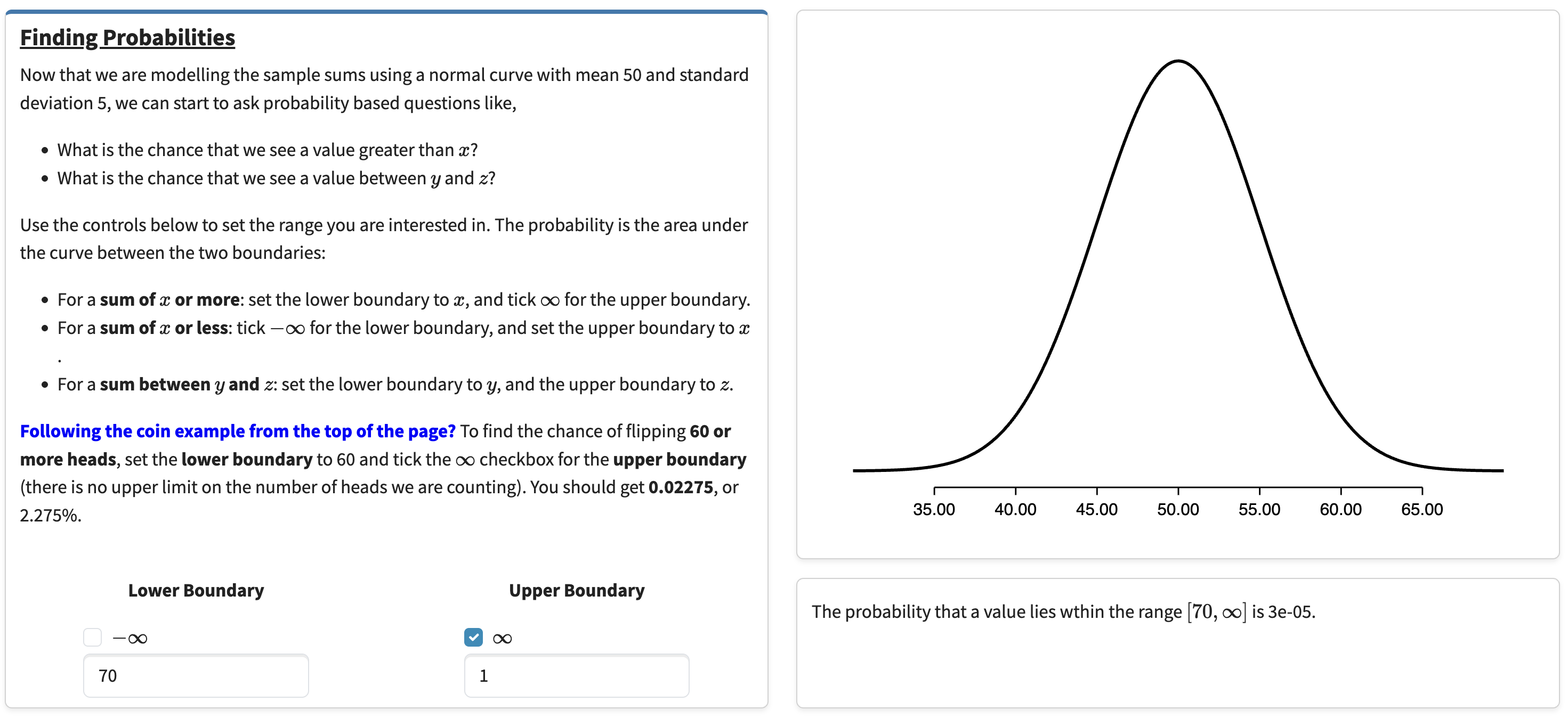 The Finding Probabilities section with the lower boundary set to 70 and the infinity checkbox ticked for the upper boundary. The normal curve beside it shows no visible shading. The answer below reads: the probability that a value lies within the range [70, infinity] is 3e-05.