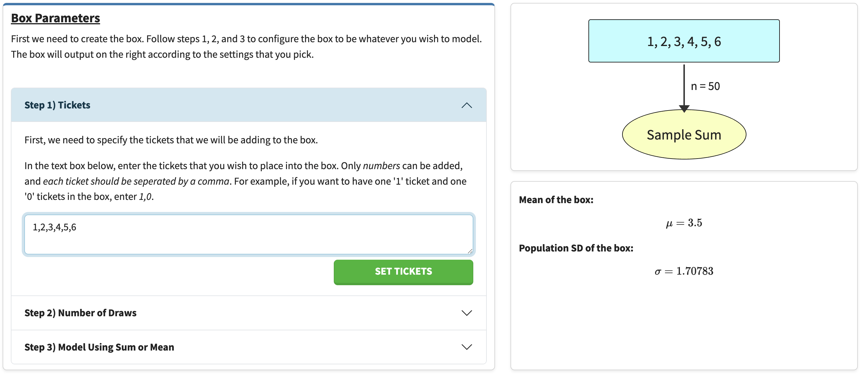 Box Parameters with the tickets text box reading 1,2,3,4,5,6. The panel on the right shows a box containing 1, 2, 3, 4, 5, 6, an arrow labelled n = 50 pointing to 'Sample Sum', the mean of the box as 3.5 and the population SD of the box as 1.70783.