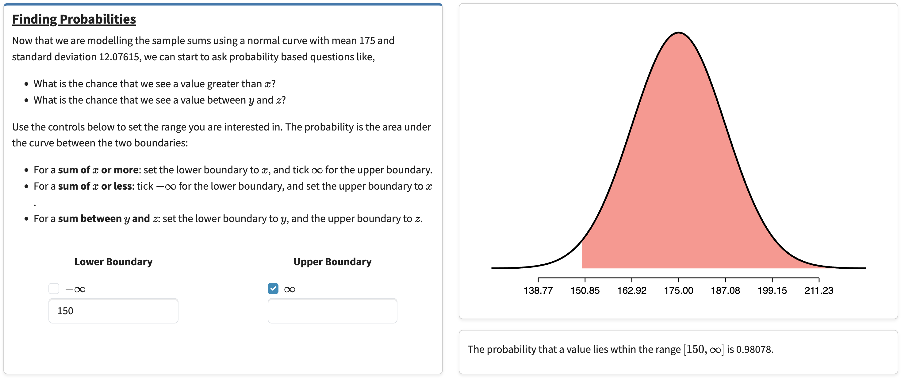 The Finding Probabilities section, now modelling with mean 175 and standard deviation 12.07615. The lower boundary is 150 and the infinity checkbox is ticked for the upper boundary. Almost the entire curve is shaded red. The answer reads: the probability that a value lies within the range [150, infinity] is 0.98078.
