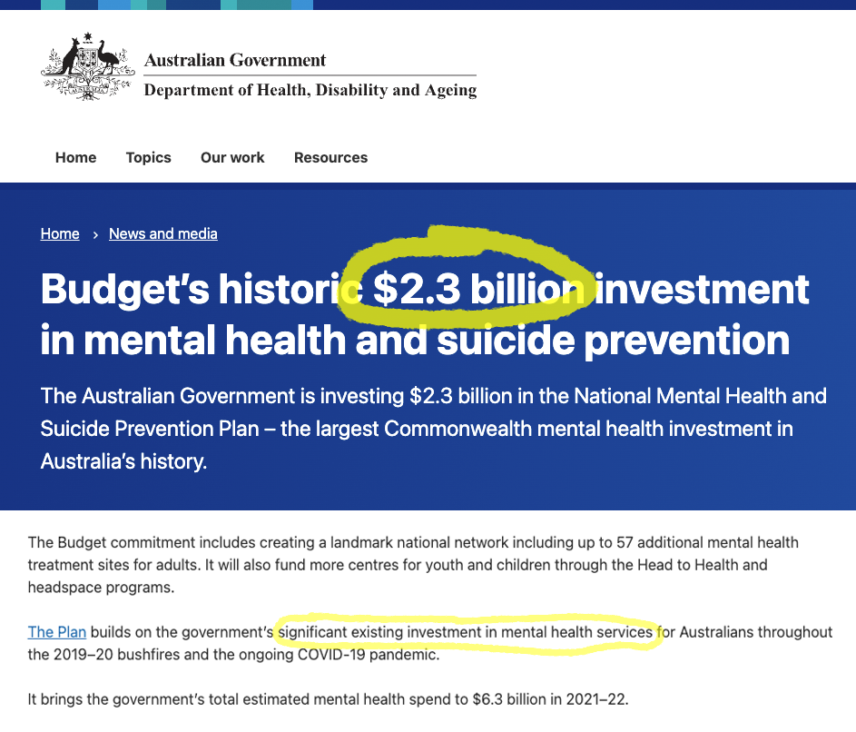Article Extract: Budget’s historic $2.3 billion investment in mental health and suicide prevention 